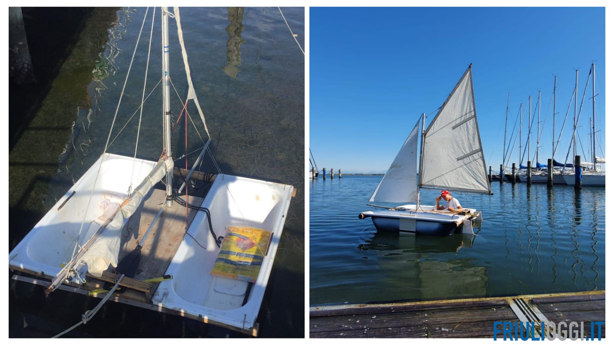 Ele constrói um catamarã com duas banheiras e navega até Grado