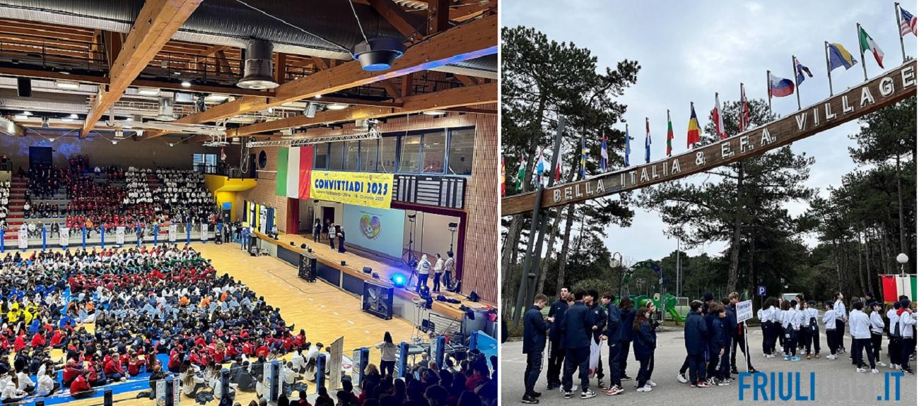 Gruppo di studenti-atleti durante la cerimonia d'apertura delle Convittiadi al Bella Italia Efa Village