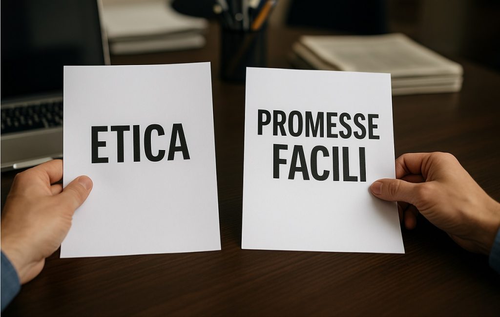 Mani che confrontano due fogli con scritto “Etica” e “Promesse facili”, simbolo della differenza tra operatori seri e promesse ingannevoli