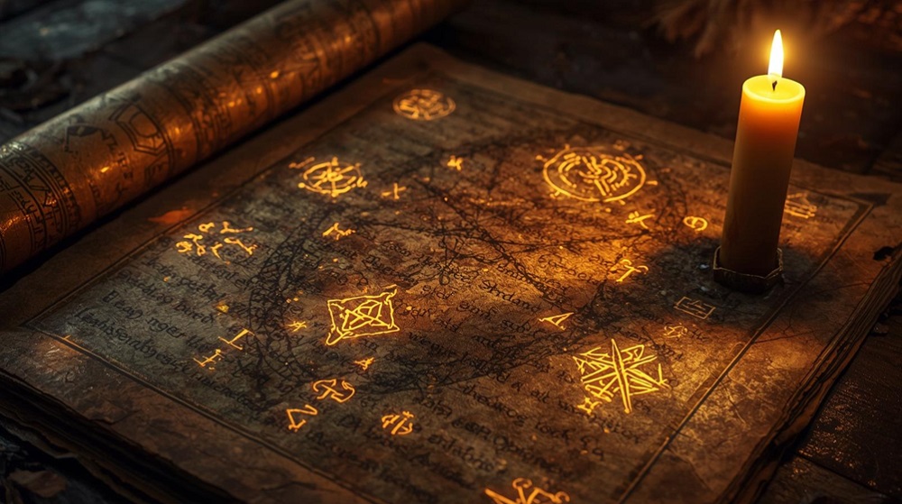 Simboli dei legamenti d’amore come filo rosso, candele e nodi energetici