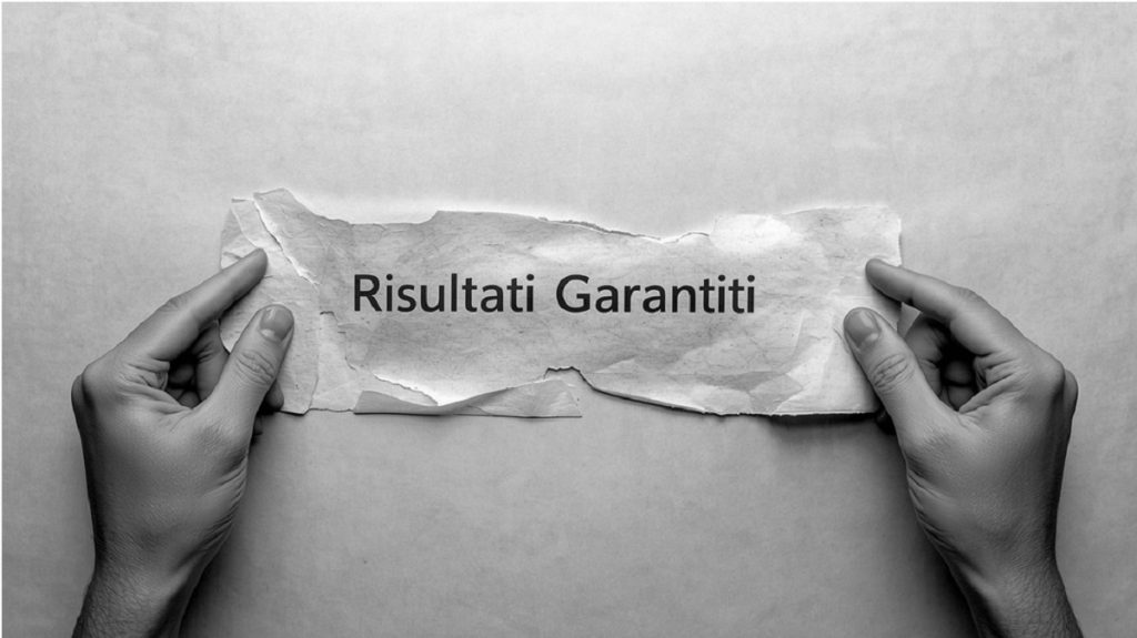 Mani che strappano un foglio con la scritta “Risultati garantiti”, simbolo delle promesse irrealistiche nel mondo esoterico