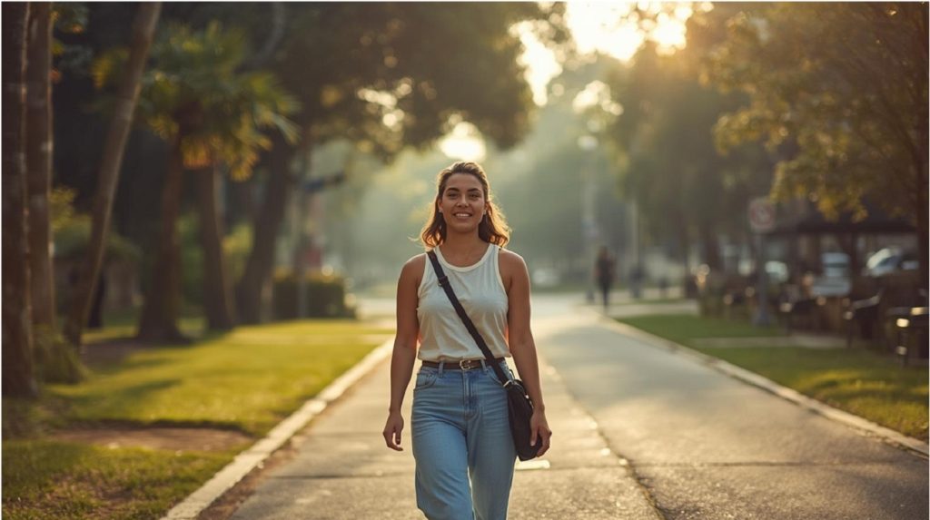 Persona che cammina in un luogo tranquillo, simbolo del fermarsi a riflettere prima di agire.