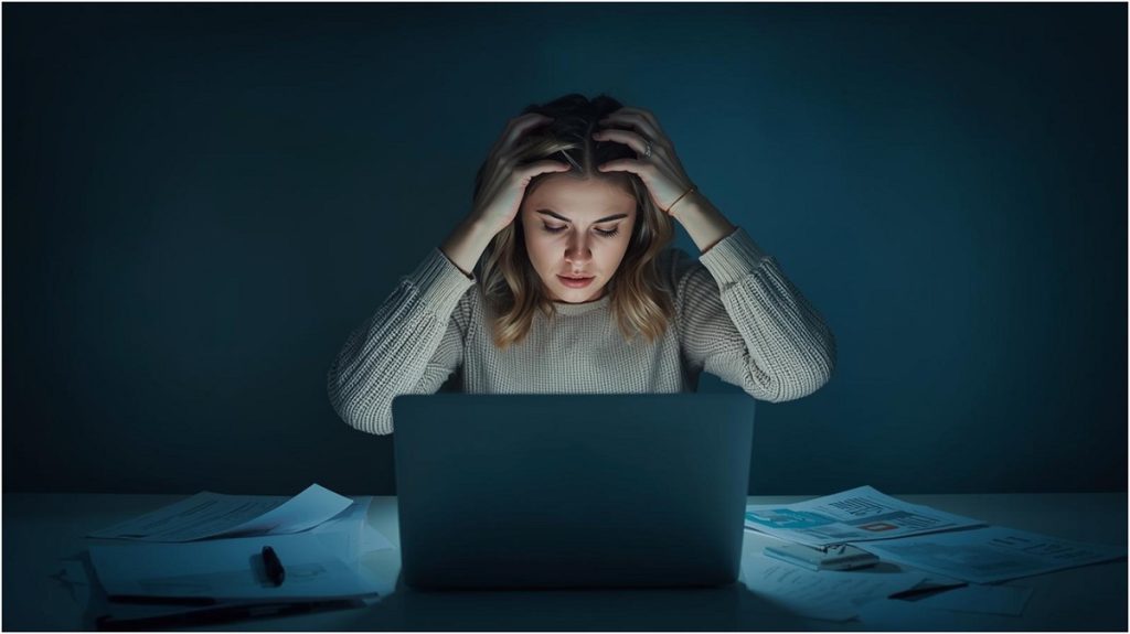 Persona pensierosa con gesto di tensione lieve seduta a un tavolo, atmosfera di overthinking.