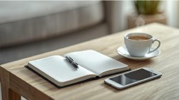 Persona che prende appunti su un taccuino accanto a una tazza di tè, atmosfera di riflessione.