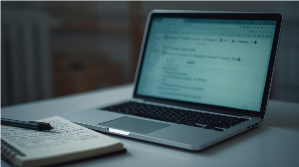 Laptop e taccuino su un tavolo, atmosfera di ricerca e verifica di informazioni online.