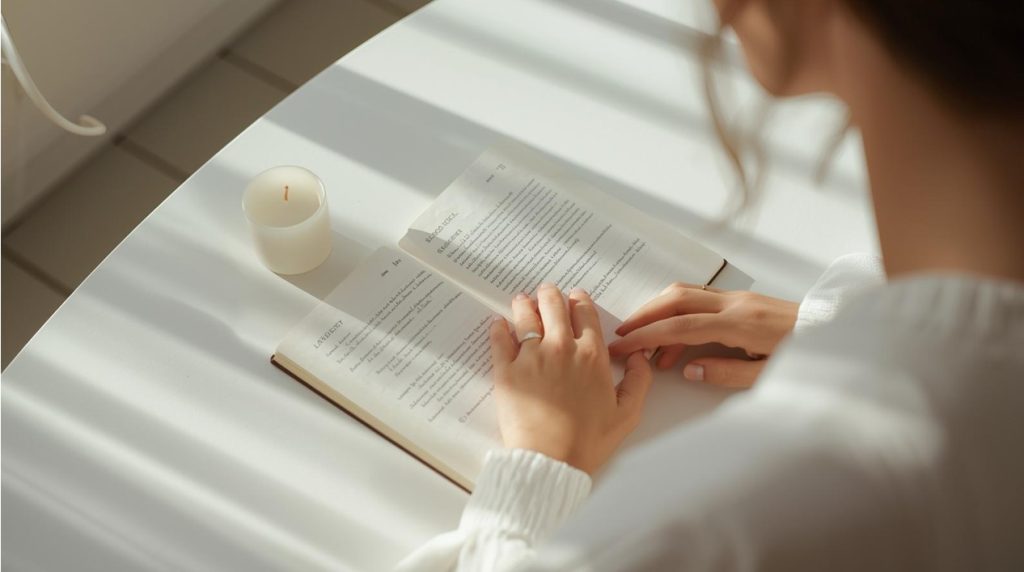 Tavolo con candela bianca spenta e quaderno aperto che rappresentano il metodo etico di Vittoria Bianchi