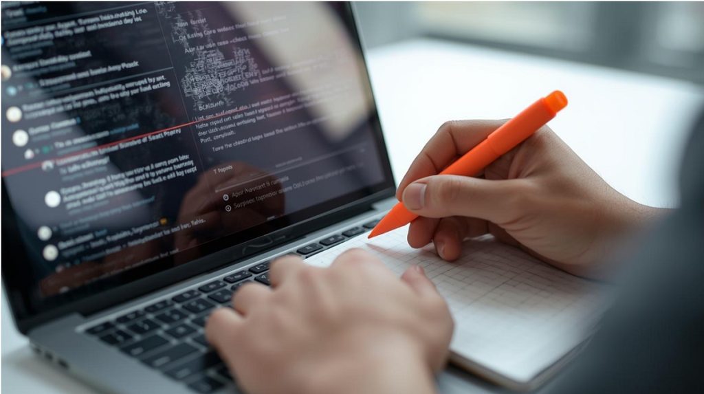 Laptop con commenti sfocati e taccuino con appunti, simbolo delle recensioni su Vittoria Bianchi