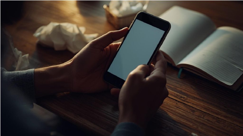 Mano che tiene uno smartphone in un momento di incertezza emotiva, legata alle ricerche sui legamenti d’amore fai da te.