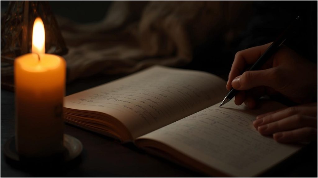 Candela e taccuino in un contesto di introspezione, legato al significato simbolico dei rituali.