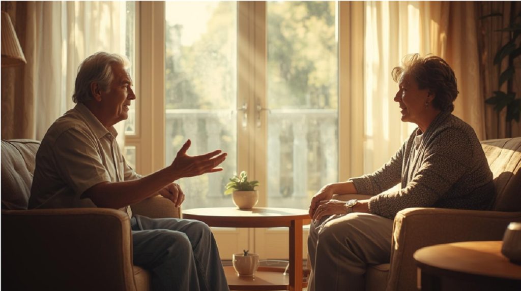 Due persone in dialogo in un ambiente luminoso e accogliente.