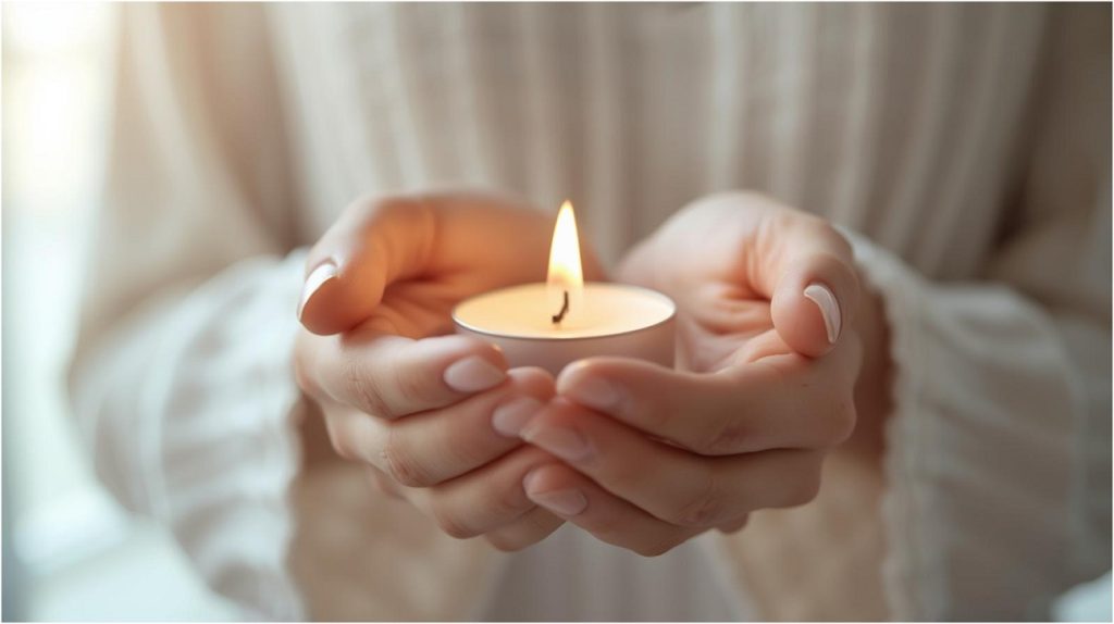 Mani che tengono una candela bianca accesa con luce naturale.