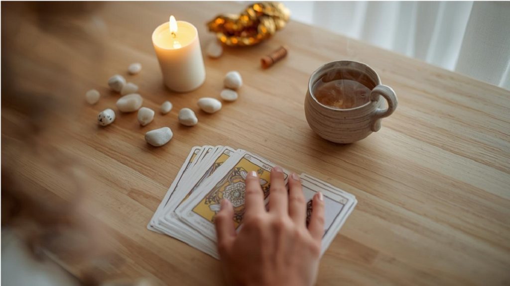 Tavolo con candela bianca, pietre naturali e carte oracolari sfocate.