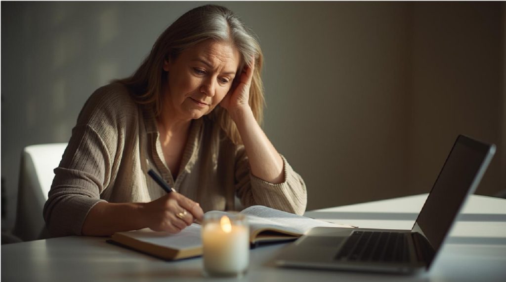 Donna seduta a un tavolo con candela accesa e taccuino, atmosfera di riflessione spirituale.