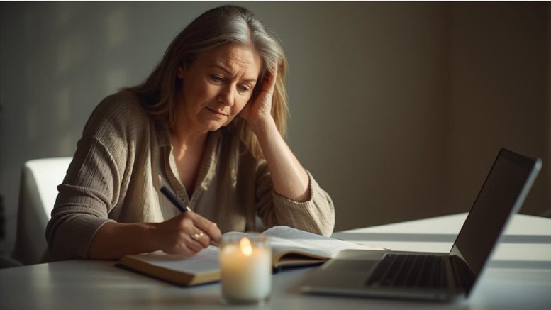 Donna seduta a un tavolo con candela accesa e taccuino, atmosfera di riflessione spirituale.