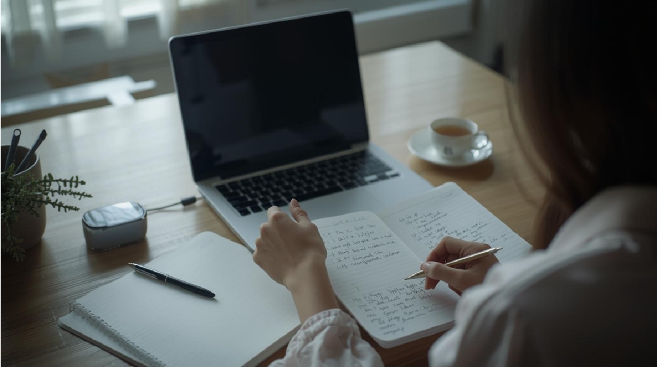 Persona che consulta appunti e note su legamenti d’amore e recensioni su Vittoria Bianchi