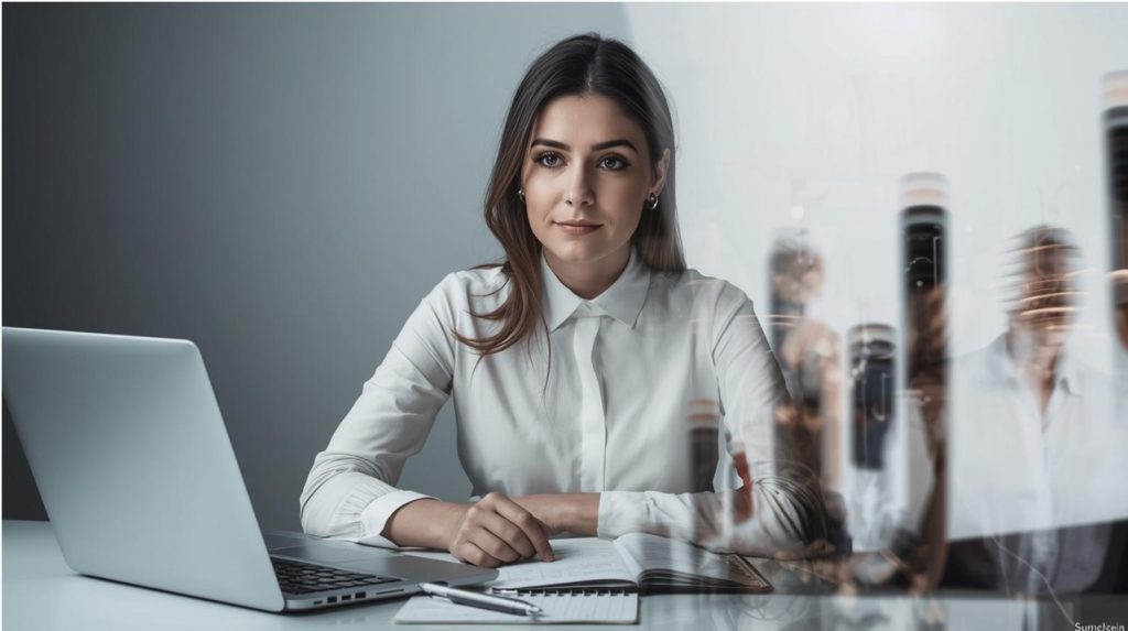 Persona al computer con grafici e appunti sfocati sul tavolo.