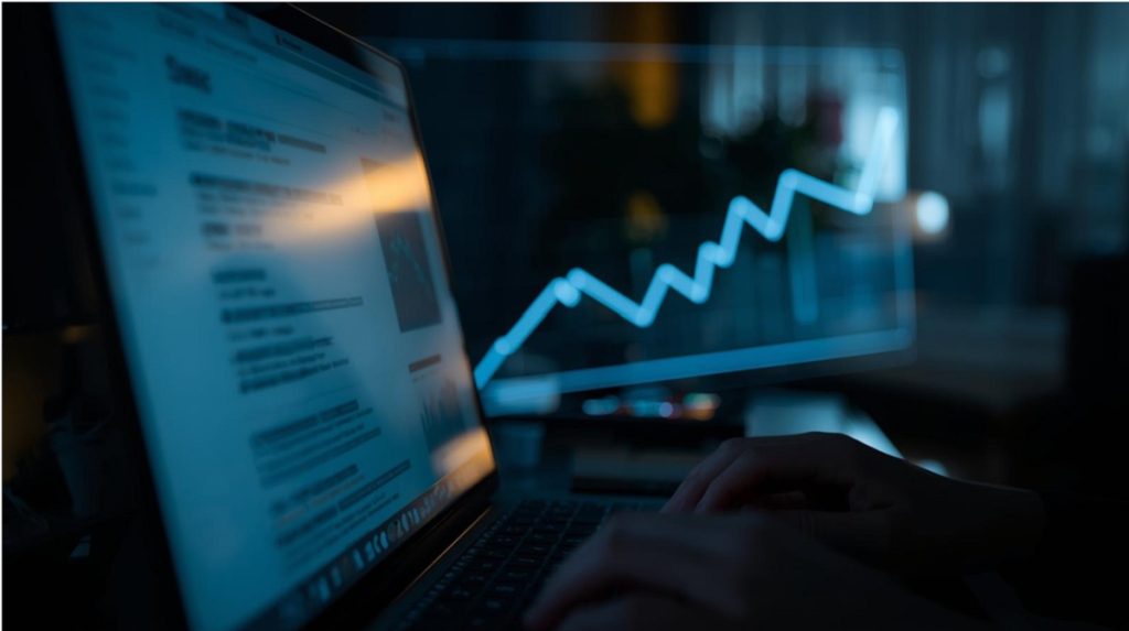 Computer con risultati di ricerca sfocati e grafico crescente sullo sfondo.