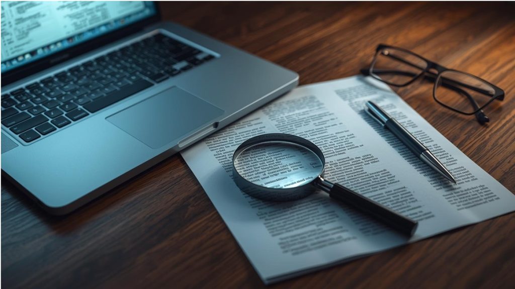 Scrivania con laptop, fogli sfocati e una lente di ingrandimento.