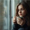 Donna seduta vicino alla finestra che riflette sulla fine di una relazione con una tazza di caffè.