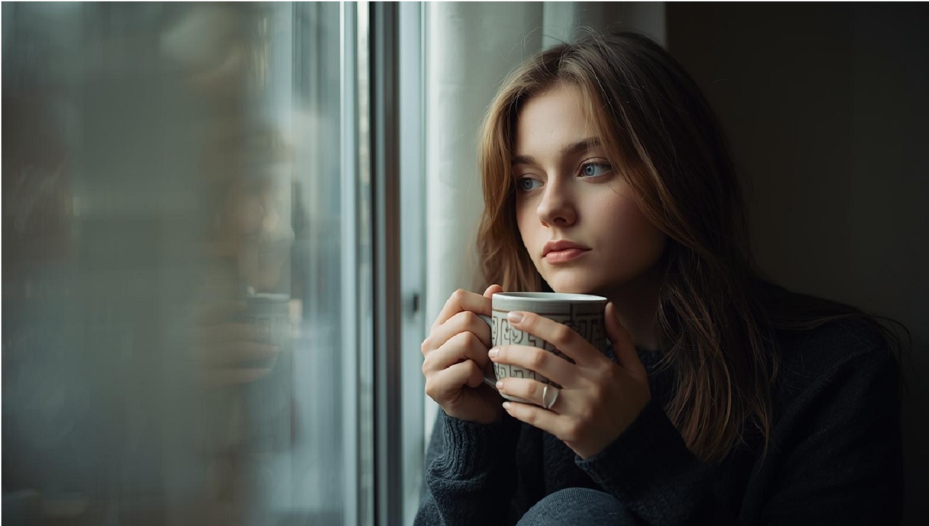 Donna seduta vicino alla finestra che riflette sulla fine di una relazione con una tazza di caffè.