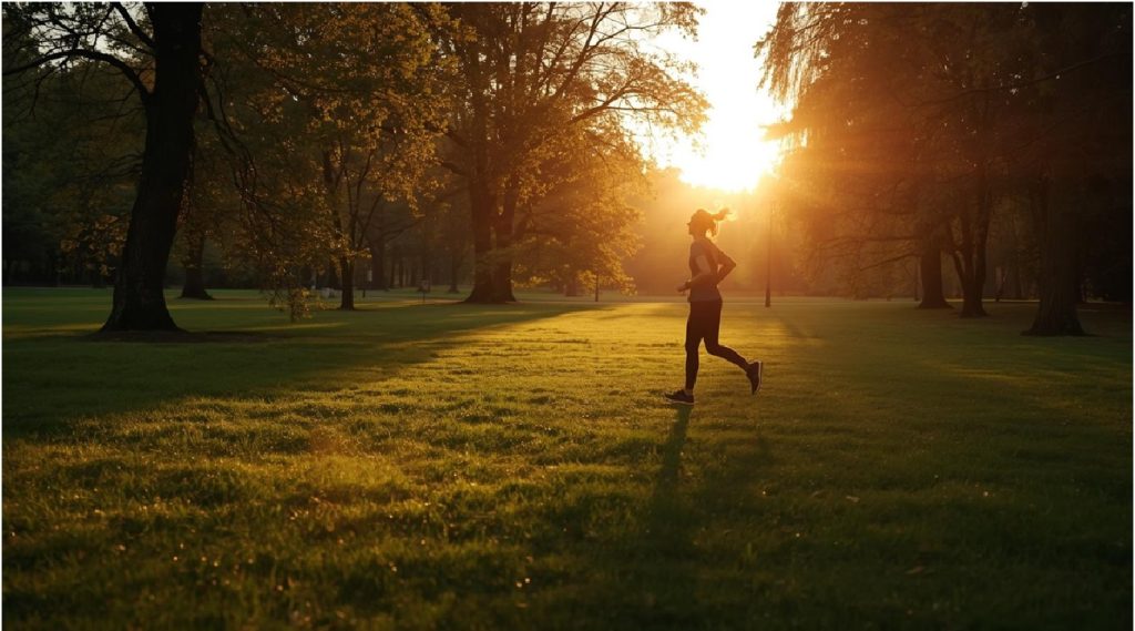 Persona che fa jogging in un parco all’alba come simbolo di crescita personale.