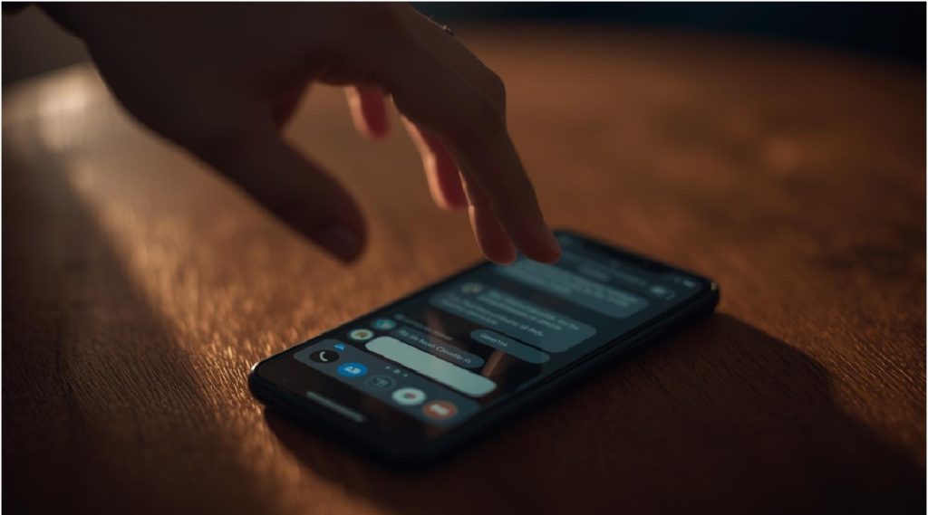 Mano che tiene uno smartphone con una chat aperta mentre esita a inviare un messaggio.