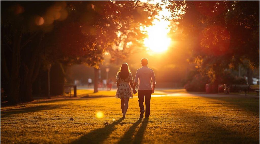 Coppia che cammina mano nella mano al tramonto in un parco.