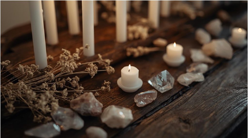Candele accese su un tavolo con elementi naturali in un ambiente meditativo.