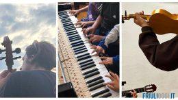 Musicisti e ragazzi durante un laboratorio di musica d’insieme in Carnia per il progetto d@rts finanziato dal programma Horizon