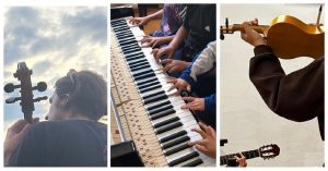 Musicisti e ragazzi durante un laboratorio di musica d’insieme in Carnia per il progetto d@rts finanziato dal programma Horizon