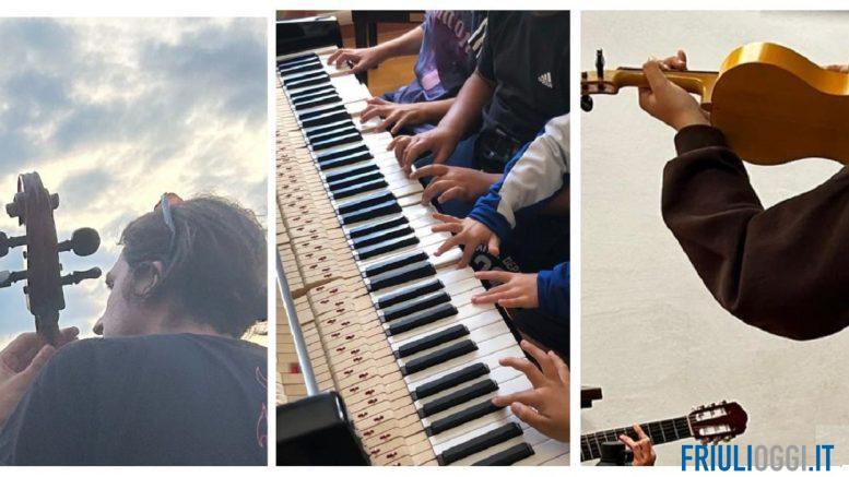 Musicisti e ragazzi durante un laboratorio di musica d’insieme in Carnia per il progetto d@rts finanziato dal programma Horizon