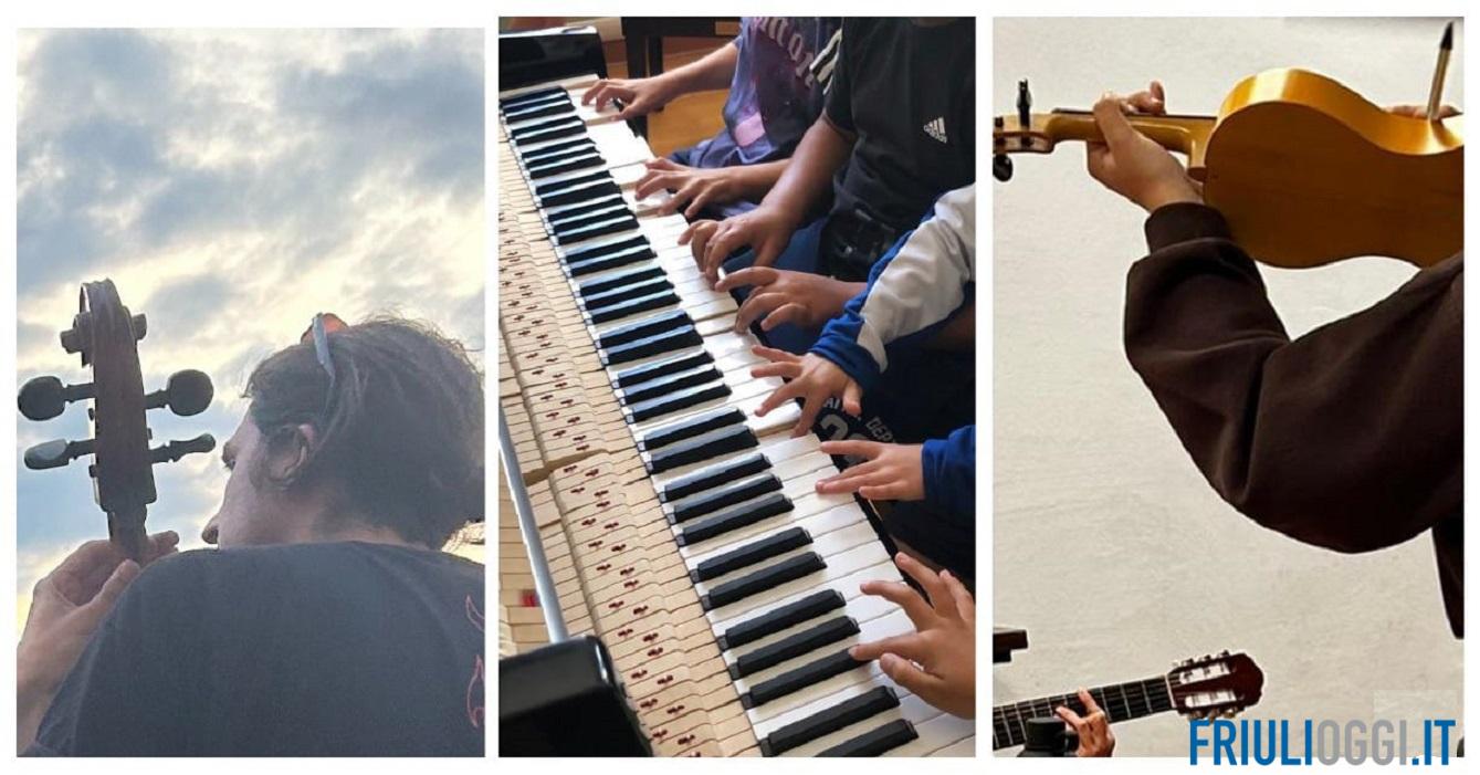 Musicisti e ragazzi durante un laboratorio di musica d’insieme in Carnia per il progetto d@rts finanziato dal programma Horizon