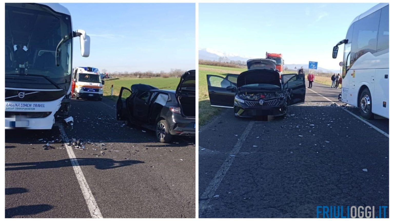 Incidente a Buttrio: frontale tra auto e un bus con 50 turisti