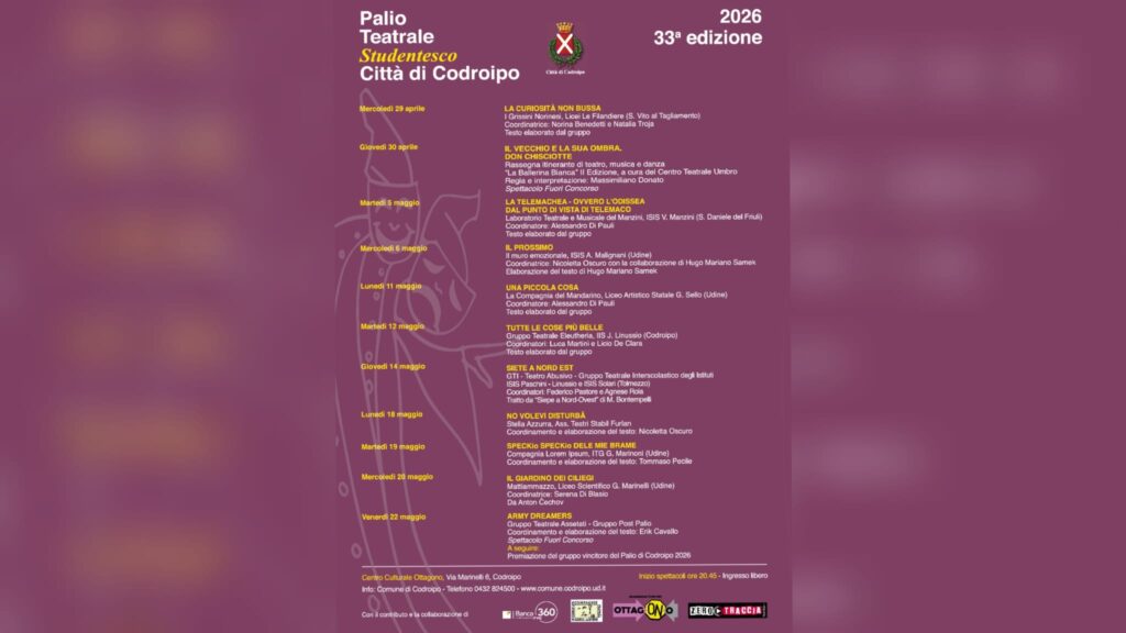 Torna il Palio Teatrale Studentesco di Codroipo: giovani protagonisti sul palco per la 33ª edizione