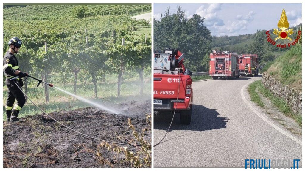 Incendio a bordo strada a Cormons, le fiamme minacciano i vigneti