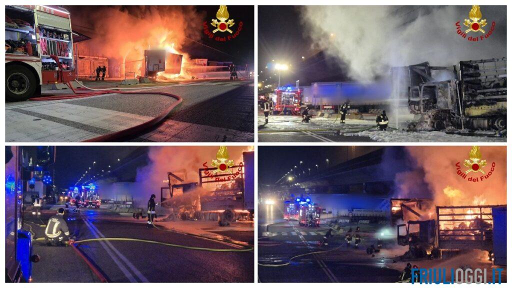 Incendio nel Porto Nuovo di Trieste, in fiamme tre semirimorchi e un camion