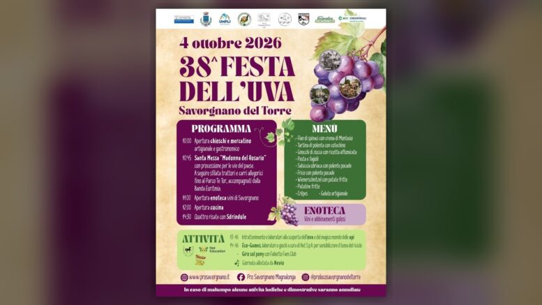 Locandina ufficiale della Festa dell’Uva 2026 a Savorgnano del Torre