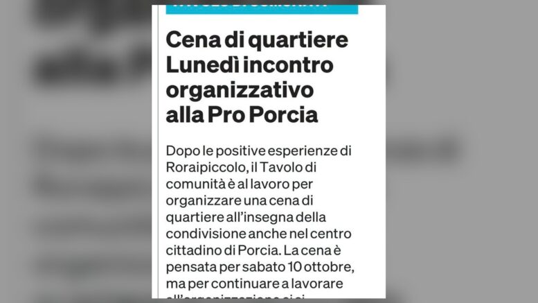 Avviso ufficiale per la Cena di Quartiere 2026 nel centro di Porcia