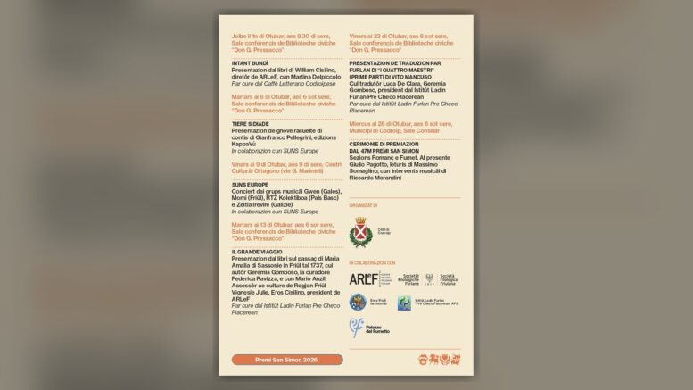 Programma ufficiale dei Premi San Simon 2026 con I Mosaiciscj a Codroipo
