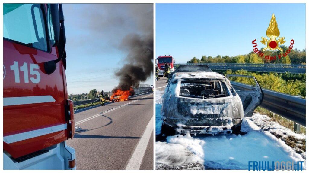 Auto in fiamme sul raccordo Fiume Veneto-Cimpello, gli occupanti riescono a mettersi in salvo