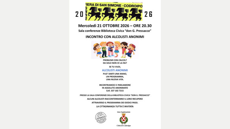 Locandina ufficiale dell’incontro con Alcolisti Anonimi a Codroipo il 21 ottobre 2026