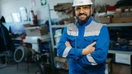 Lavoratore con casco e dispositivi di protezione in azienda