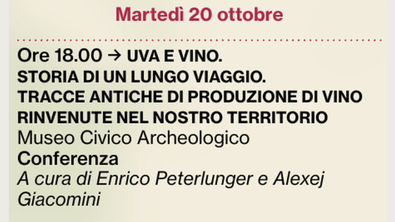Riquadro ufficiale della conferenza Uva e vino del 20 ottobre 2026 al Museo Civico Archeologico di Codroipo
